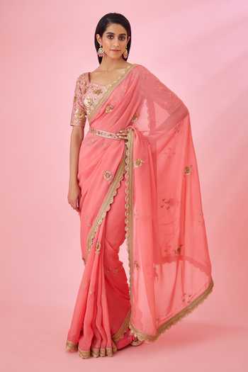 Shyam Narayan Prasad Coral Pink Floral Embroidered Saree Set 