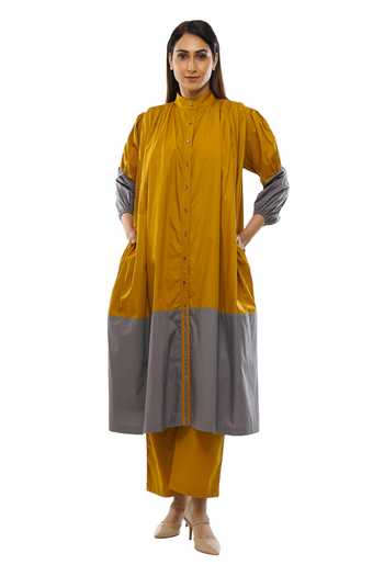 Khat Color Block Poplin Cotton Dress & Pant Co-ord Set 