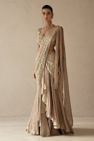 Varun & Nidhika Pre-Stitched Saree With Floral Embroidered Blouse