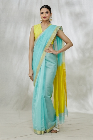 Mint N Oranges Chanderi Saree With Unstitched Blouse Fabric