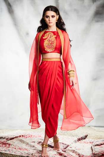 Tisha Saksena Saro Embroidered Crop Top Draped Skirt Set 