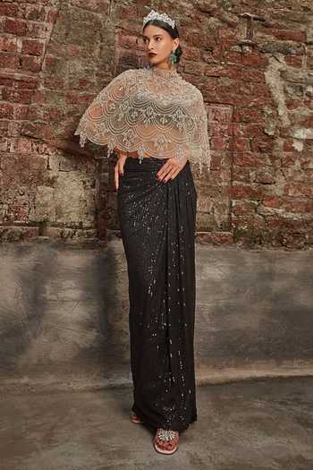 Cherie D Majesty Crystal Embroidered Cape & Draped Skirt Set 