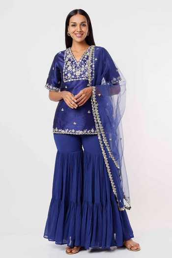 Mehak Murpana Floral Embroidered Raw Silk Kurta Sharara Set 