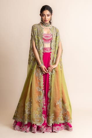 Nupur Kanoi Mirror Embroidered Lehenga Set With Contrast Cape 