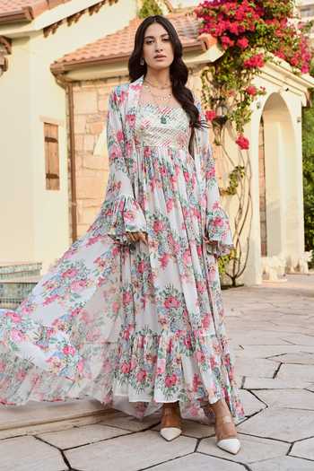 Palak & Mehak Ifat Flower Print Anarkali With Jacket 