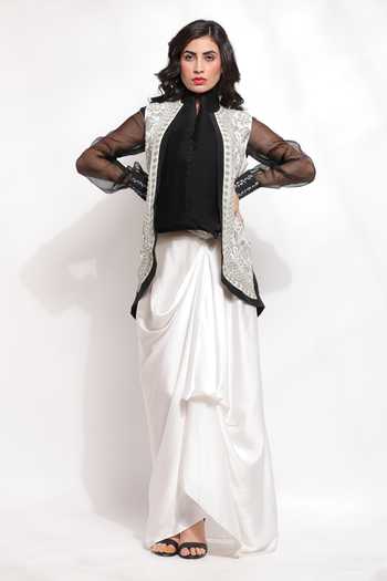 Sonali Gupta Embroidered Jacket Draped Skirt Set 
