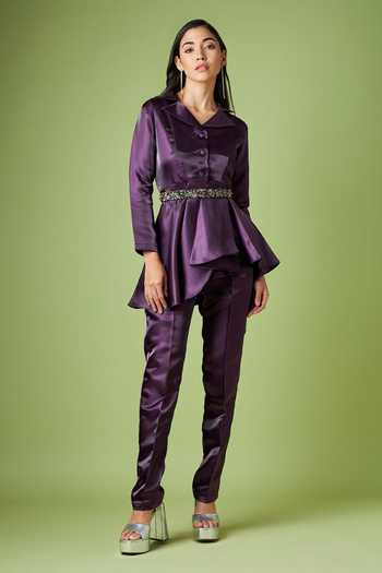 Aakaar Metallic Peplum Top Pant Set With Crystal Belt 