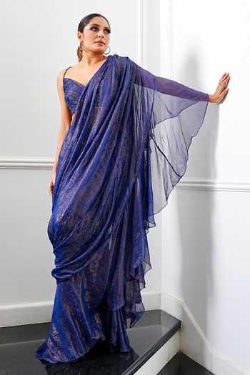 Amrta By Guneet Kondal Zari Work Pre-Draped Ruffle Saree With Blouse 