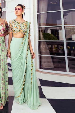 DiyaRajvvir Embroidered Blouse & Pre-Draped Gharara Saree Set