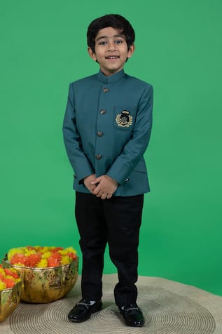 Little Boys Closet Motif Embroidered Bandhgala & Pant Set 