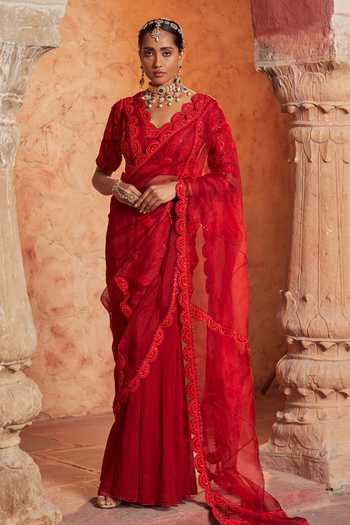 NIDHIKA SHEKHAR Lal Kesar Embroidered Pre-Draped Saree With Blouse 