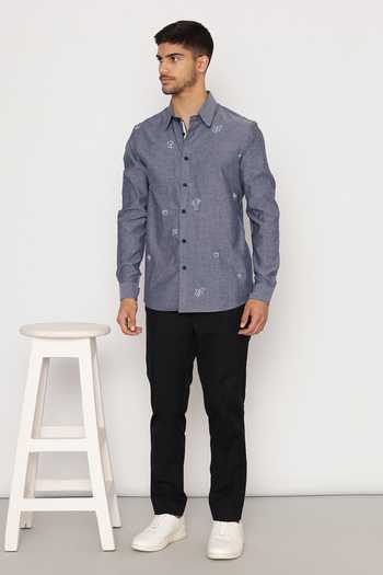 Lacquer Embassy Abstract Motif Blue Cotton Chambray Shirt 