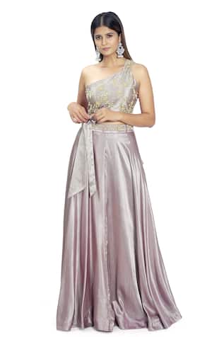 One Shoulder Embroidered Blouse & Lehenga Set For Kids