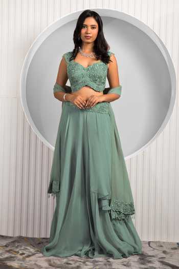 Jade By Ashima Ruffle Draped Skirt Embroidered Blouse Set 