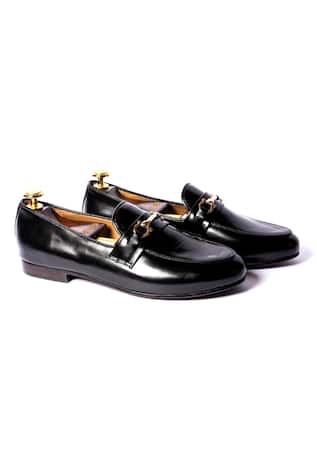 Black Leather Horse-Bit Buckle Loafers 