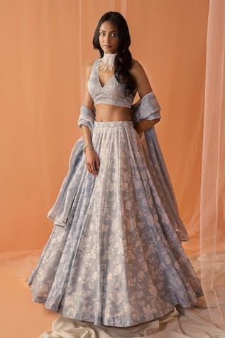 LASHKARAA Flower Print Chanderi Lehenga Set 