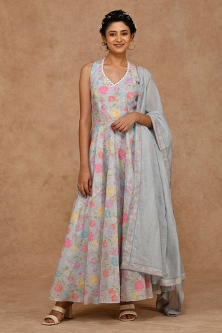 Ekavira Printed V Neck Anarkali Set