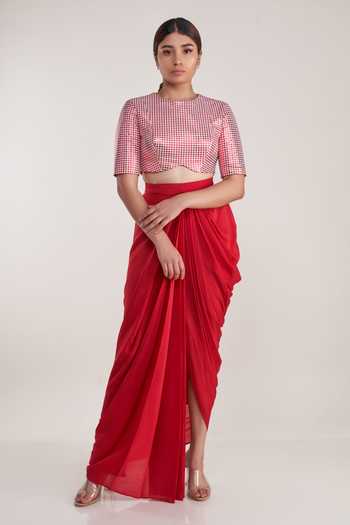 Pooja Bagaria Red Houndstooth Crop Top & Draped Skirt Set 