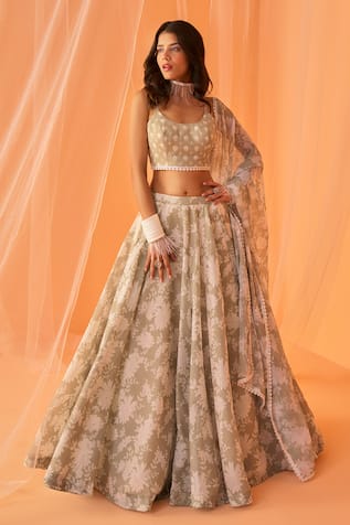 LASHKARAA Floral Print Chanderi Lehenga Set 