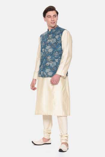 Mayank Modi - Men Botanical Print Blue Bundi 
