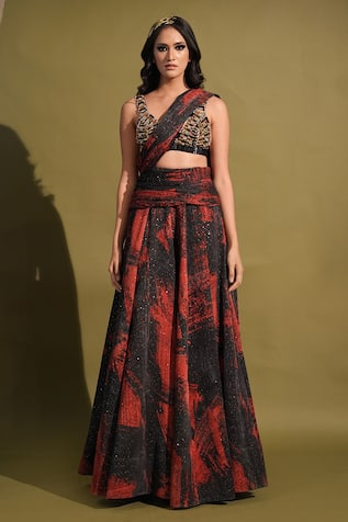 Nikita Mhaisalkar Stroke Print Lehenga Saree & Blouse Set 