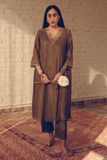 Sarang Kaur Chanderi Silk Flared Kurta With Pant 