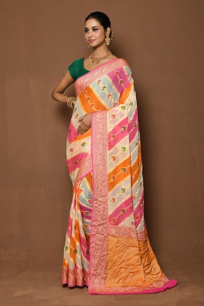 Khwaab by Sanjana Lakhani Floral Colour Block Stripe Saree