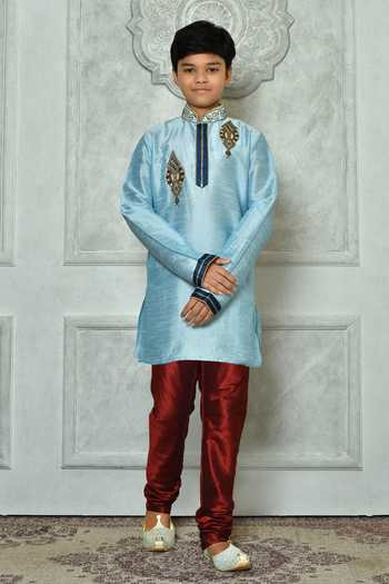 Petite Pomme Embroidered Sky Blue Kurta & Red Churidar Set 