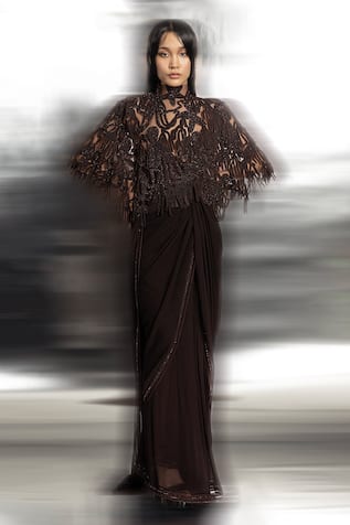 Pre-Pleated Saree Set With Cape 