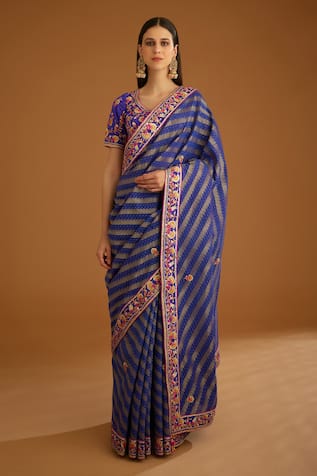 Light blue sari with golden work | Latest indian saree, Party wear sarees,  Saree blouse designs