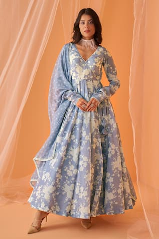 LASHKARAA Chanderi Floral Print Anarkali Set 