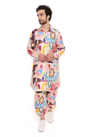 PS Men By Payal Singhal Trance Print Pathani Kurta & Joggers Set  