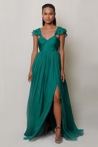 Pinup By Astha Ruffle Sleeve V Neck Gown