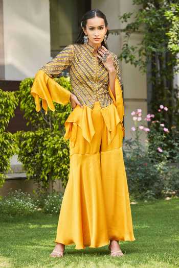 Bohame Daniyah Embellished Jacket Peplum Top With Sharara 