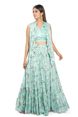 Floral Print Ruffle Jacket & Lehenga Set For Kids