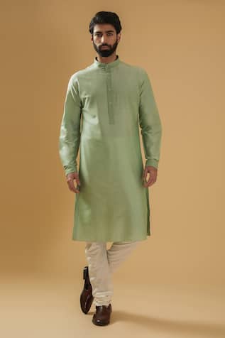 Placket Embroidered Raw Silk Kurta 