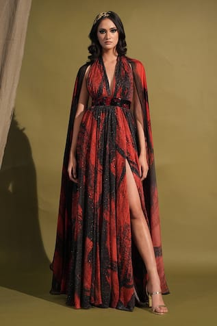 Nikita Mhaisalkar Stroke Print High Slit Gown 