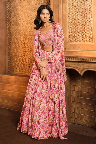 Aneesh Agarwaal Floral Print Cape Skirt Set