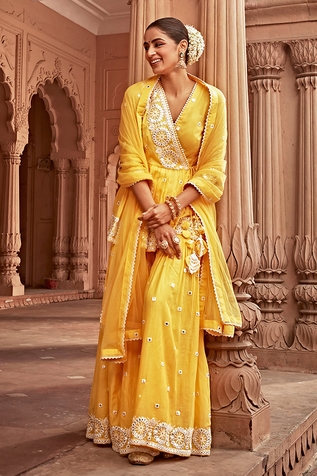 PREEVIN Floral Pattern Peplum Angrakha Sharara Set