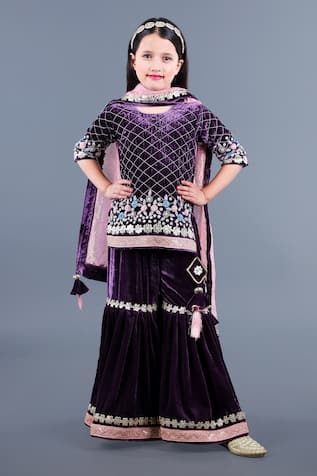 Silk Velvet Flower Embroidered Kurta Sharara Set 