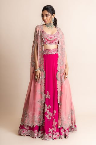 Nupur Kanoi Floral Embroidered Lehenga With Long Cape 