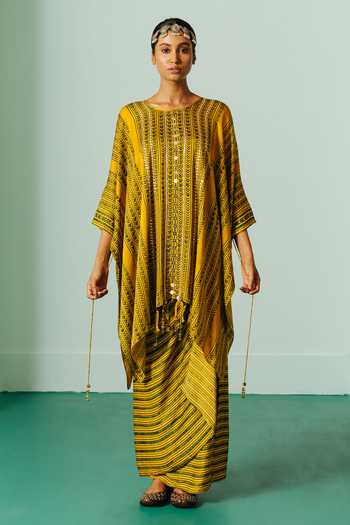 Prahnaaya Hand Block Print Asymmetrical Kaftan & Skirt Set 