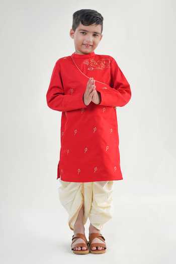 Tiber Taber Krishna Embroidered Red Kurta & Dhoti Set 