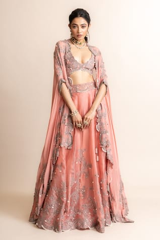 Nupur Kanoi Embroidered Asymmetric Hem Cape & Lehenga Set 