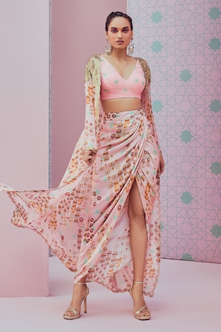 Krisha sunny Ramani Sequin Embellished Cape Dhoti Skirt Set