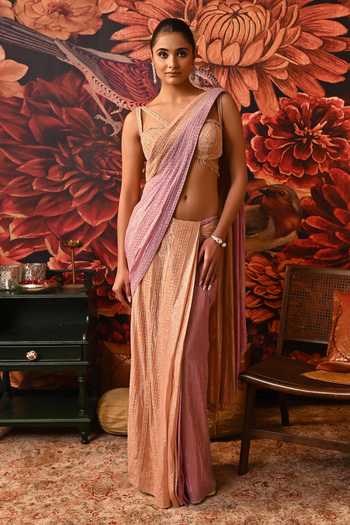 Moledro Lavender & Peach Hand Embroidered Saree Set 