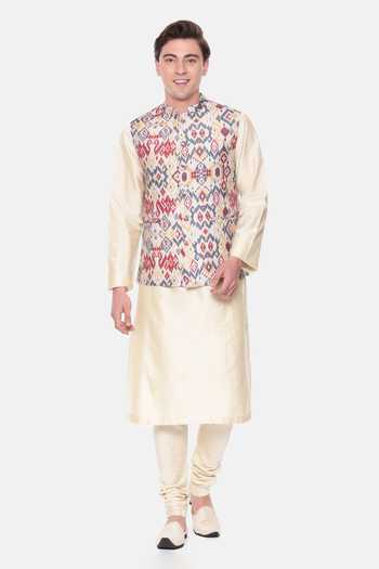 Mayank Modi - Men Beige & Red Ikat Print Bundi 