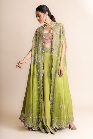 Nupur Kanoi Embroidered Border Long Cape & Sharara Set 