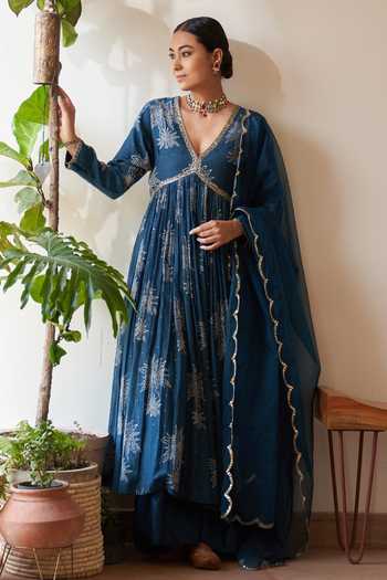 Rekha Agra Floral Print Chanderi Pleated Anarkali Set 