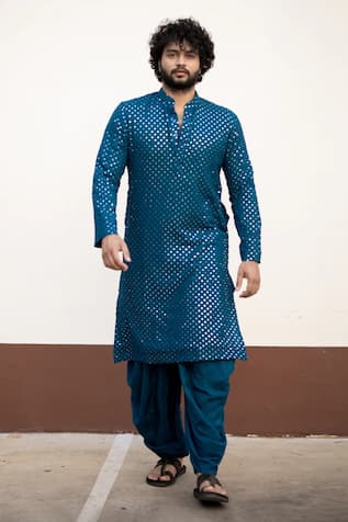 Mirror Embroidered Teal Blue Kurta For Kids